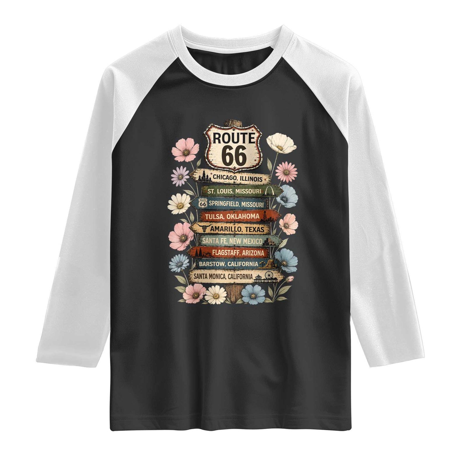 8 States Chicago To Santa Monica Road Trip Gift Raglan Shirt Route Highway 66 Wildflower Sign