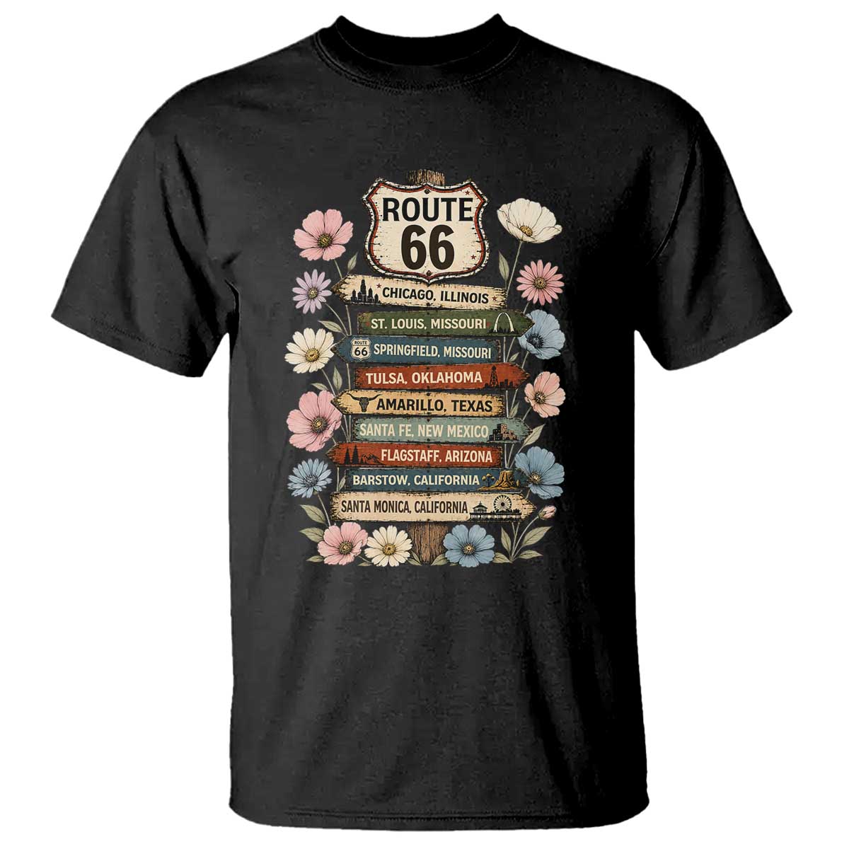 8 States Chicago To Santa Monica Road Trip Gift T Shirt Route Highway 66 Wildflower Sign