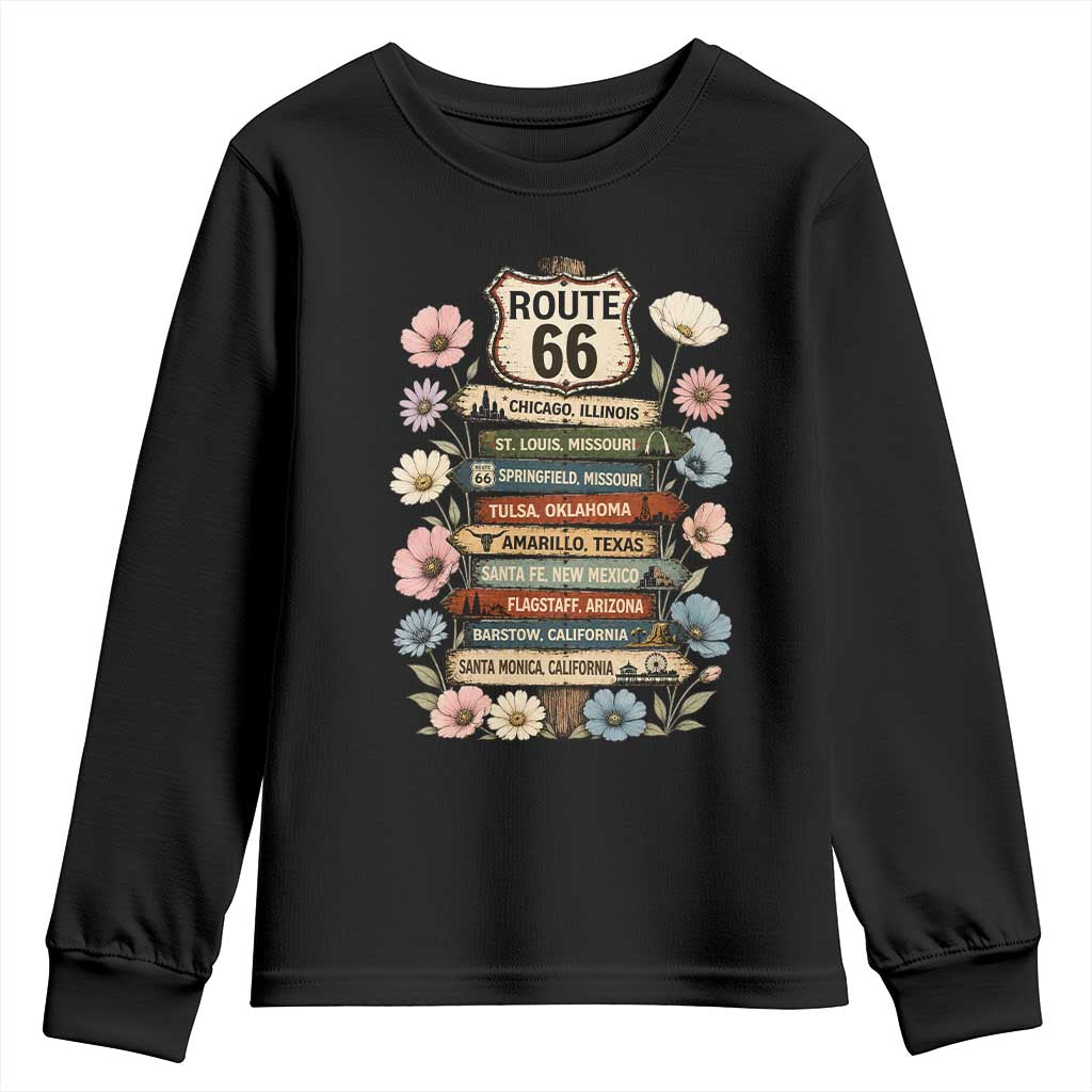 8 States Chicago To Santa Monica Road Trip Gift Youth Sweatshirt Route Highway 66 Wildflower Sign