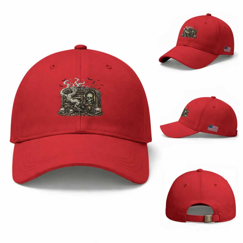 Haunted Radio Halloween Skull Ghost Baseball Cap Spooky Music Distressed Gothic Gift