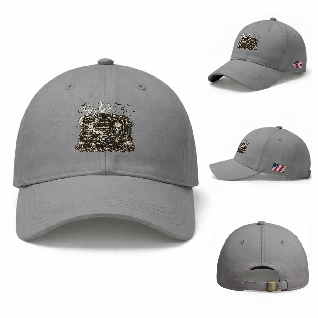 Haunted Radio Halloween Skull Ghost Baseball Cap Spooky Music Distressed Gothic Gift