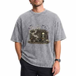 Haunted Radio Halloween Skull Ghost Washed Cotton T-Shirt Spooky Music Distressed Gothic Gift