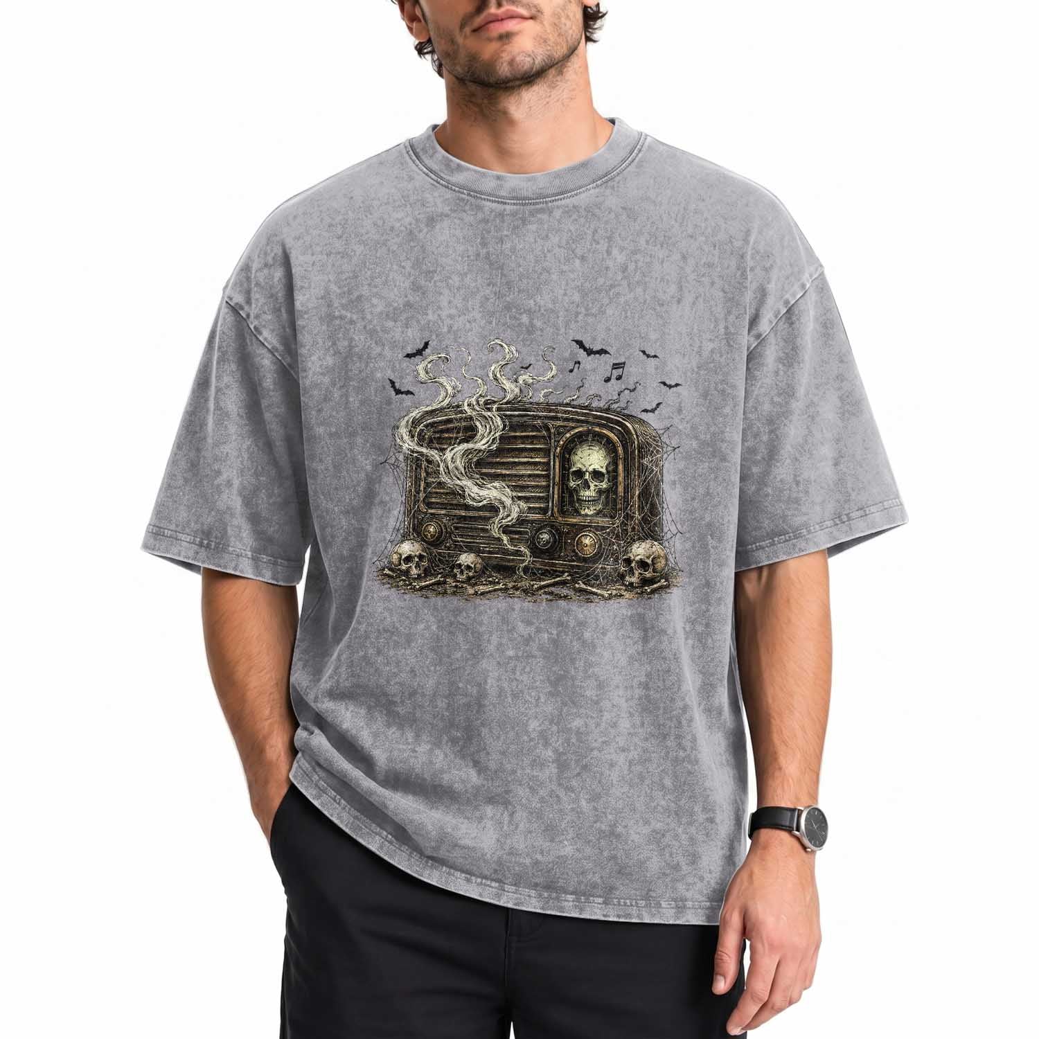 Haunted Radio Halloween Skull Ghost Washed Cotton T-Shirt Spooky Music Distressed Gothic Gift