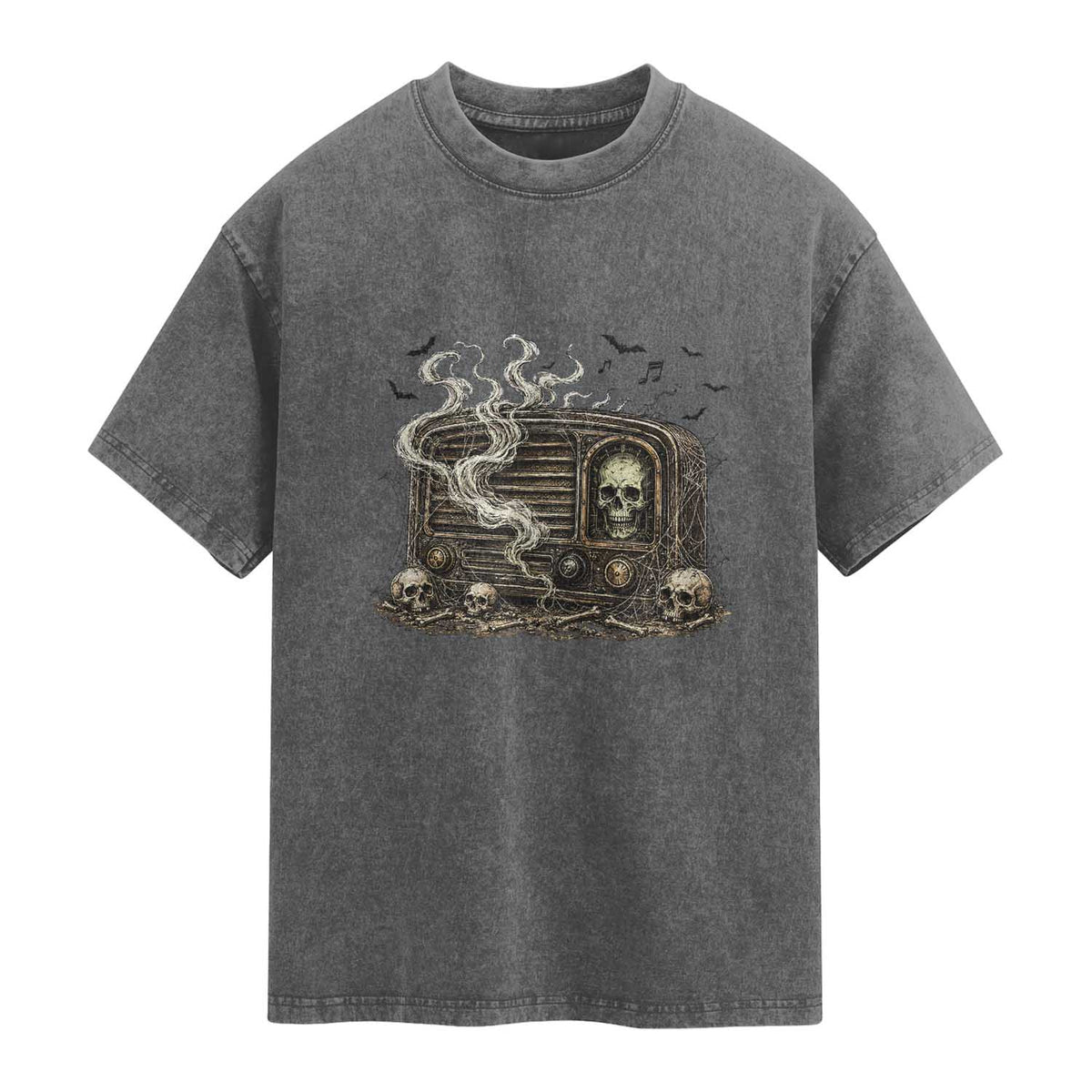Haunted Radio Halloween Skull Ghost Washed Cotton T-Shirt Spooky Music Distressed Gothic Gift
