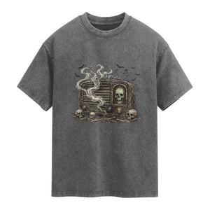 Haunted Radio Halloween Skull Ghost Washed Cotton T-Shirt Spooky Music Distressed Gothic Gift