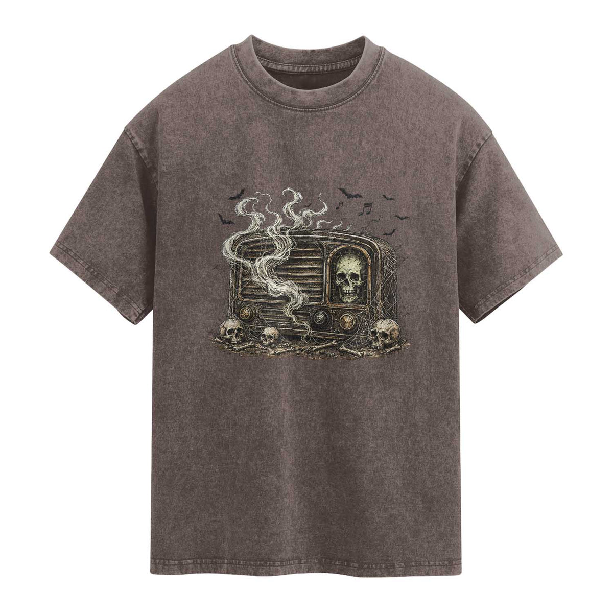 Haunted Radio Halloween Skull Ghost Washed Cotton T-Shirt Spooky Music Distressed Gothic Gift