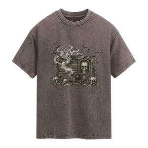 Haunted Radio Halloween Skull Ghost Washed Cotton T-Shirt Spooky Music Distressed Gothic Gift