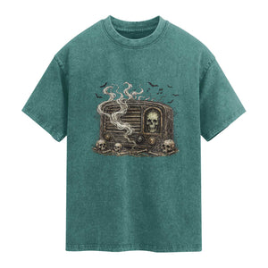 Haunted Radio Halloween Skull Ghost Washed Cotton T-Shirt Spooky Music Distressed Gothic Gift