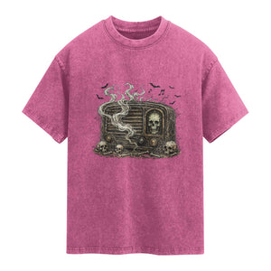Haunted Radio Halloween Skull Ghost Washed Cotton T-Shirt Spooky Music Distressed Gothic Gift