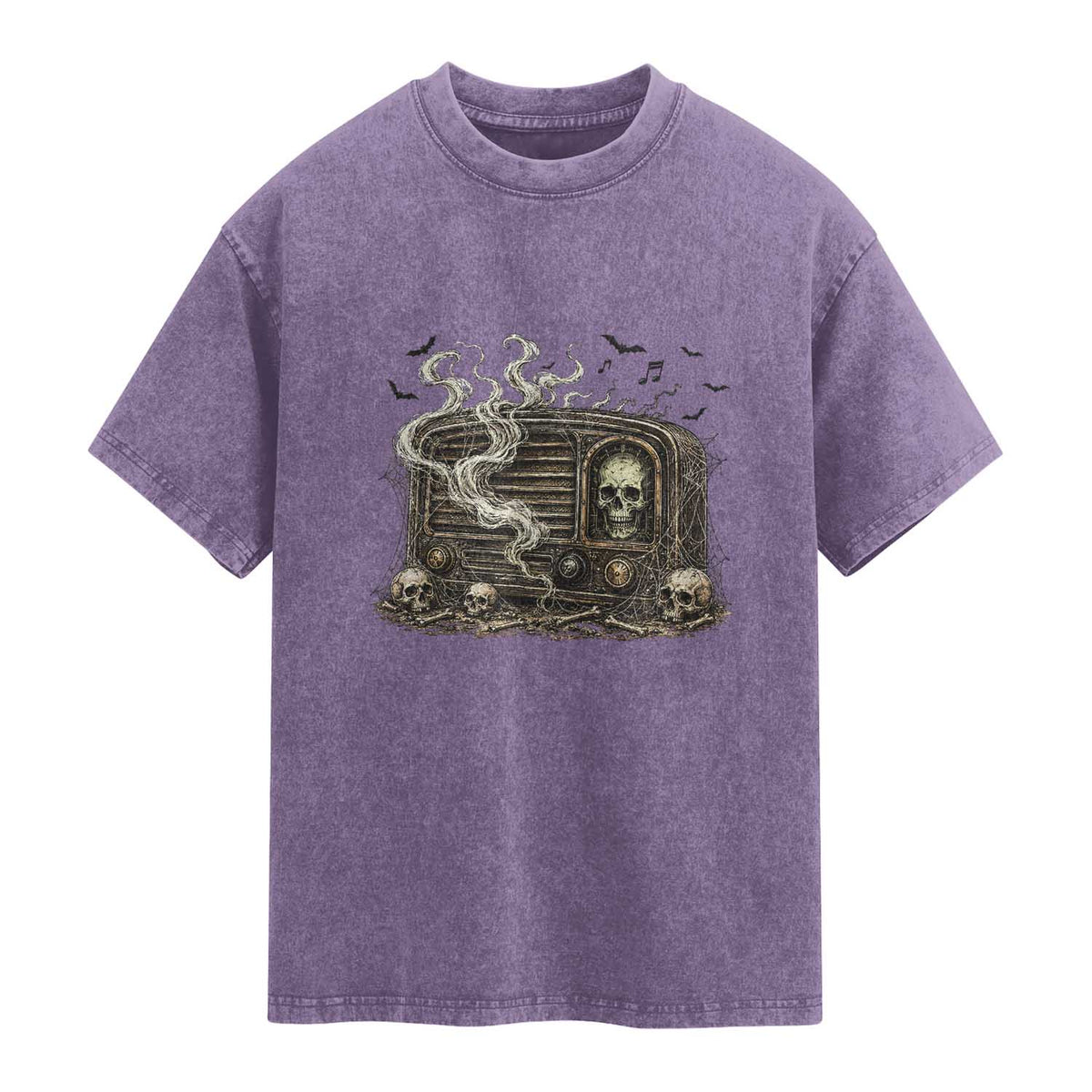 Haunted Radio Halloween Skull Ghost Washed Cotton T-Shirt Spooky Music Distressed Gothic Gift