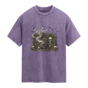 Haunted Radio Halloween Skull Ghost Washed Cotton T-Shirt Spooky Music Distressed Gothic Gift