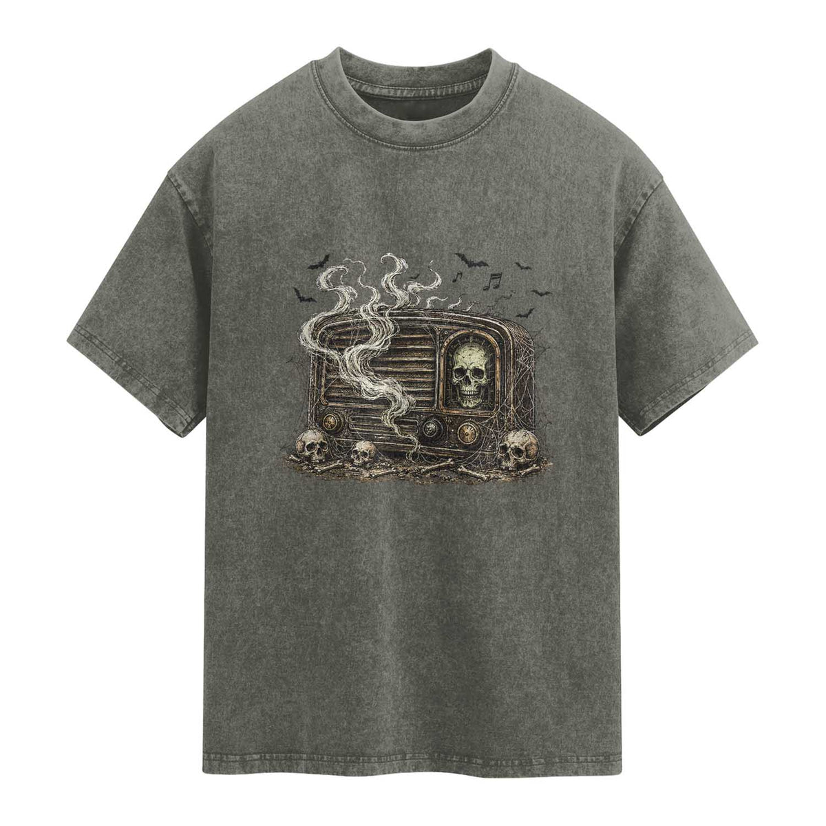 Haunted Radio Halloween Skull Ghost Washed Cotton T-Shirt Spooky Music Distressed Gothic Gift
