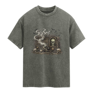 Haunted Radio Halloween Skull Ghost Washed Cotton T-Shirt Spooky Music Distressed Gothic Gift