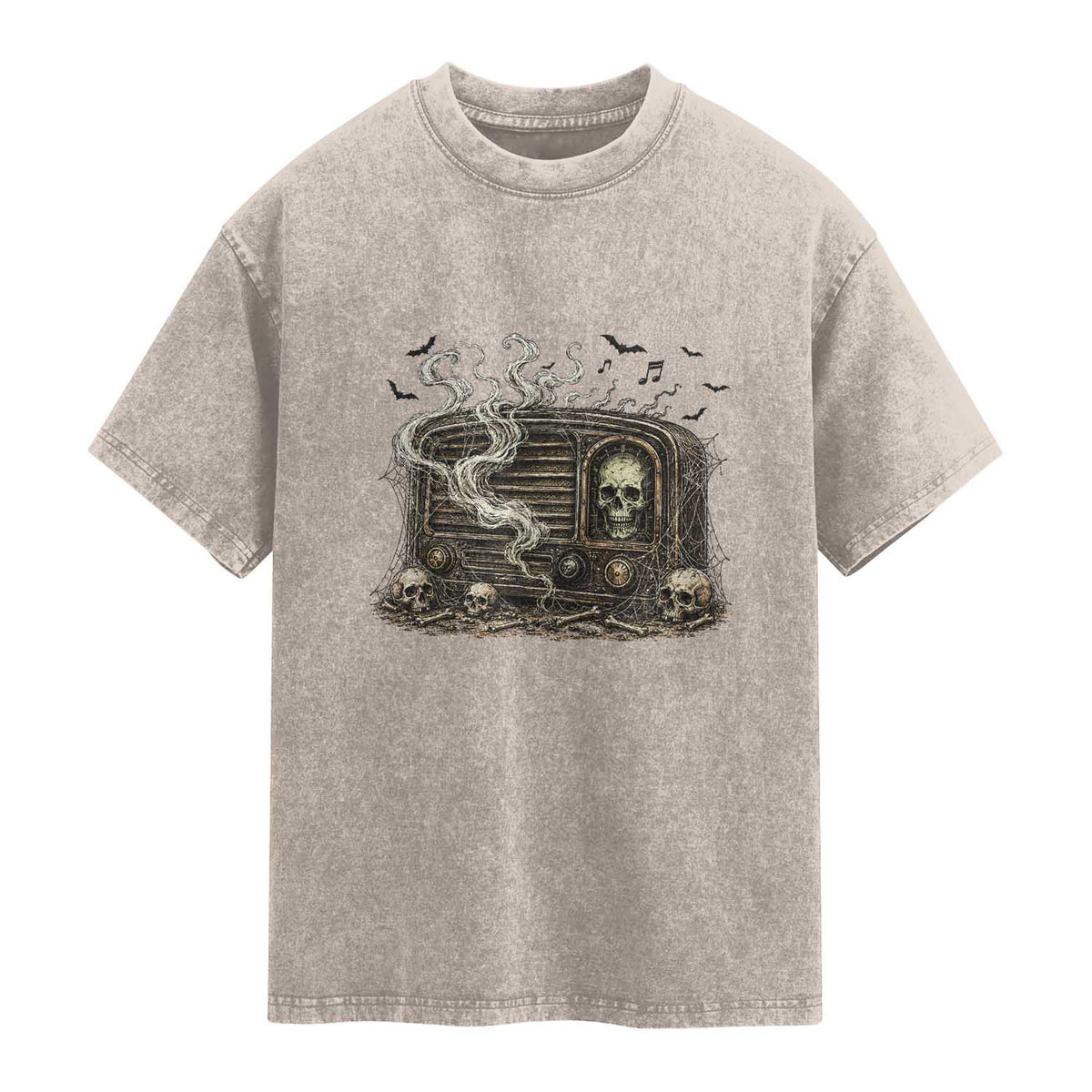Haunted Radio Halloween Skull Ghost Washed Cotton T-Shirt Spooky Music Distressed Gothic Gift