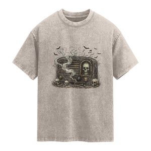 Haunted Radio Halloween Skull Ghost Washed Cotton T-Shirt Spooky Music Distressed Gothic Gift
