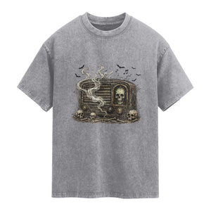 Haunted Radio Halloween Skull Ghost Washed Cotton T-Shirt Spooky Music Distressed Gothic Gift