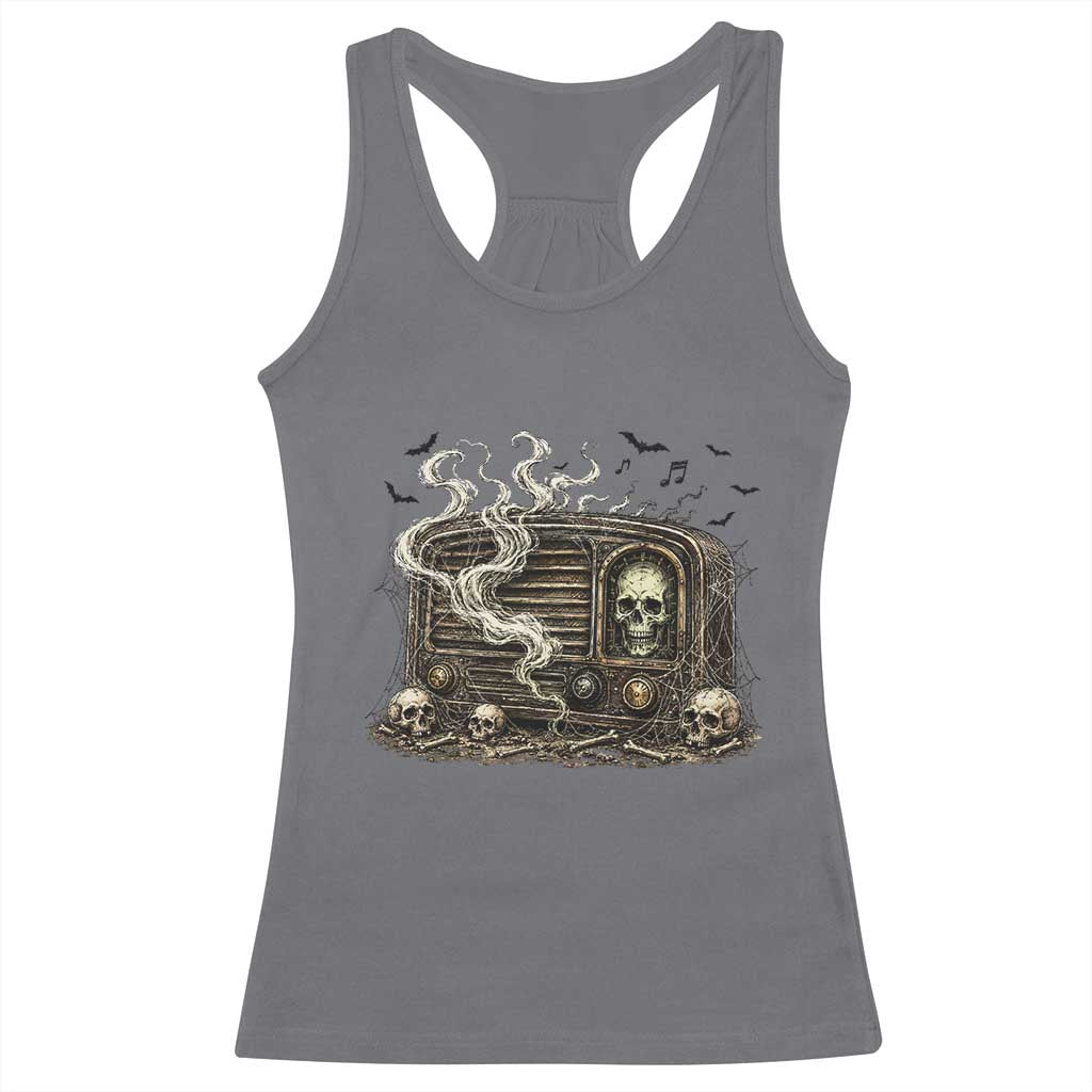 Haunted Radio Halloween Skull Ghost Racerback Tank Top Spooky Music Distressed Gothic Gift
