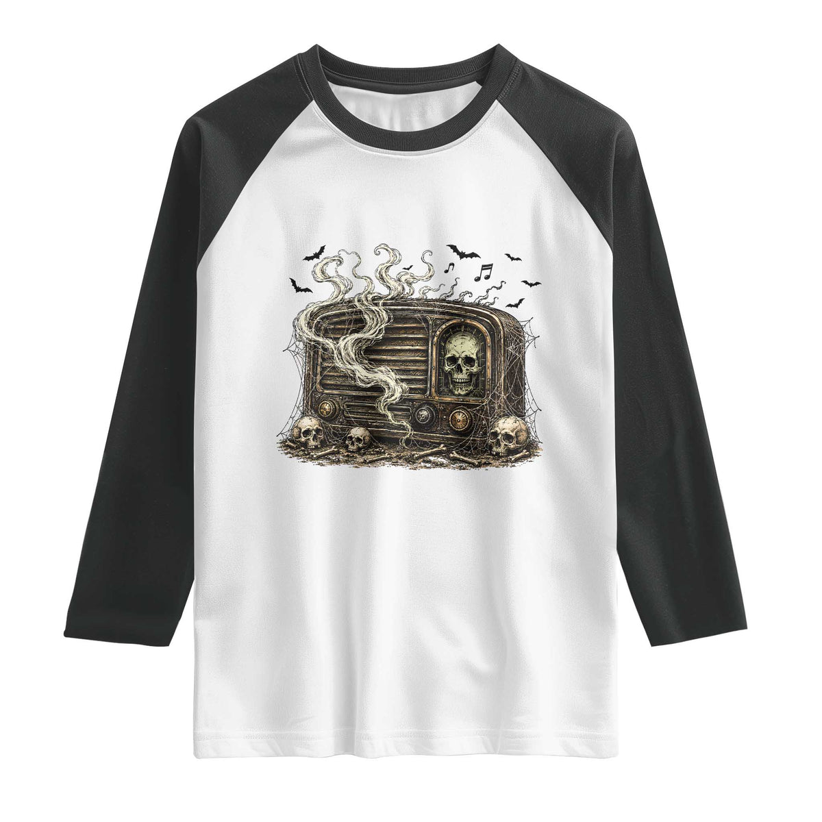 Haunted Radio Halloween Skull Ghost Raglan Shirt Spooky Music Distressed Gothic Gift