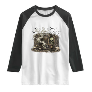 Haunted Radio Halloween Skull Ghost Raglan Shirt Spooky Music Distressed Gothic Gift