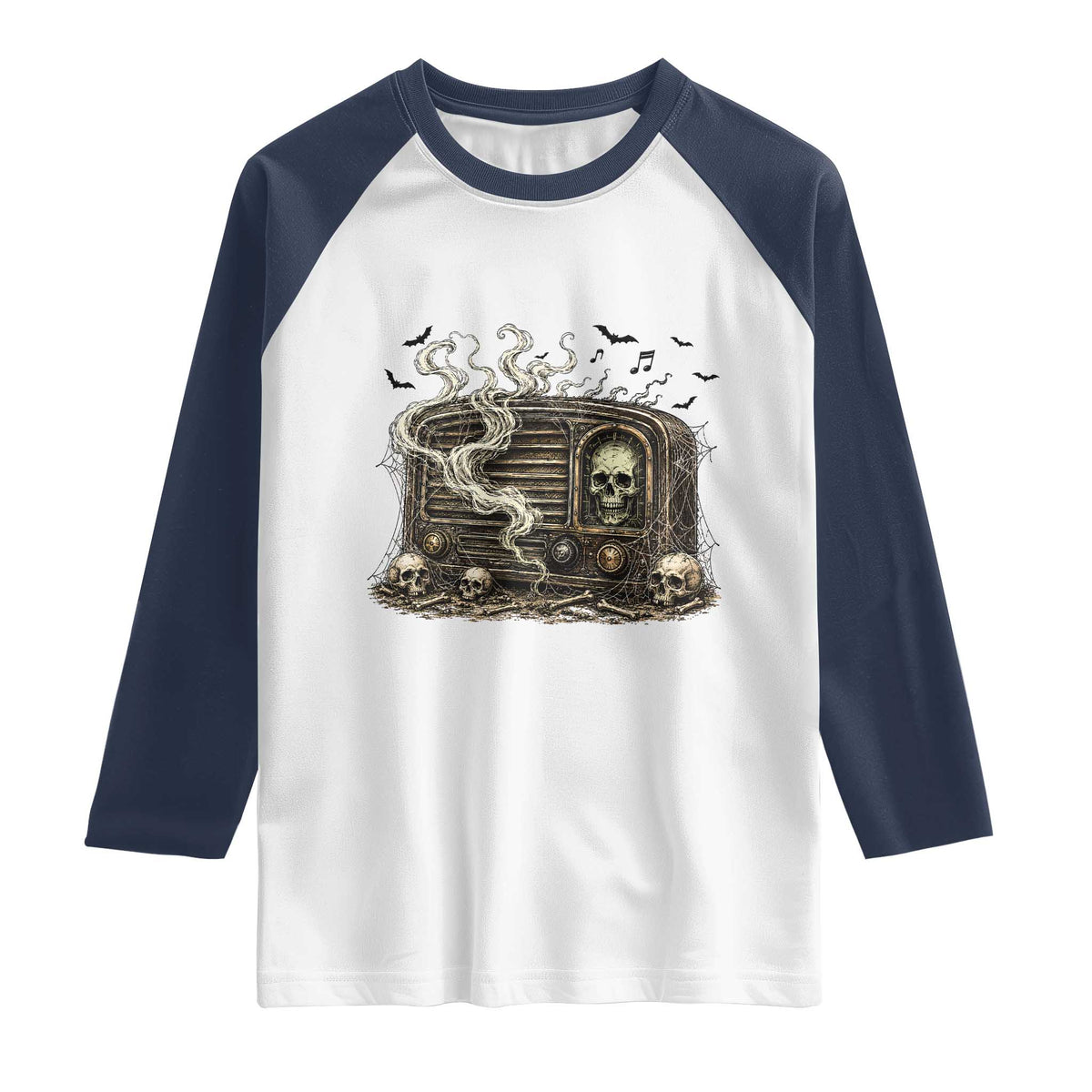 Haunted Radio Halloween Skull Ghost Raglan Shirt Spooky Music Distressed Gothic Gift