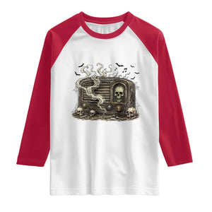 Haunted Radio Halloween Skull Ghost Raglan Shirt Spooky Music Distressed Gothic Gift