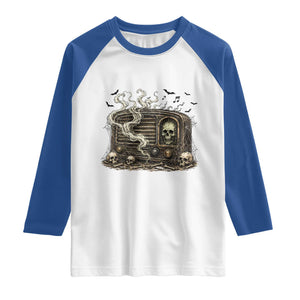 Haunted Radio Halloween Skull Ghost Raglan Shirt Spooky Music Distressed Gothic Gift