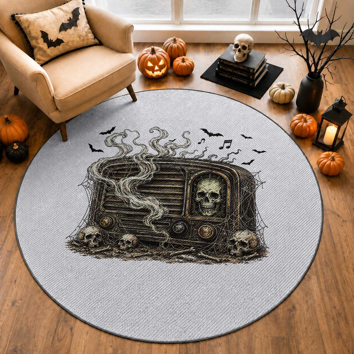 Haunted Radio Halloween Skull Ghost Round Rug Spooky Music Distressed Gothic Gift