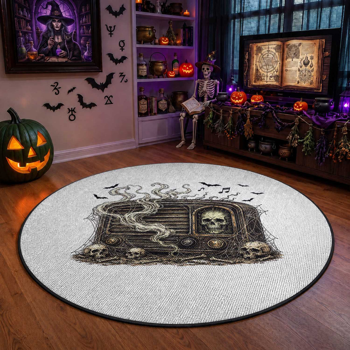 Haunted Radio Halloween Skull Ghost Round Rug Spooky Music Distressed Gothic Gift