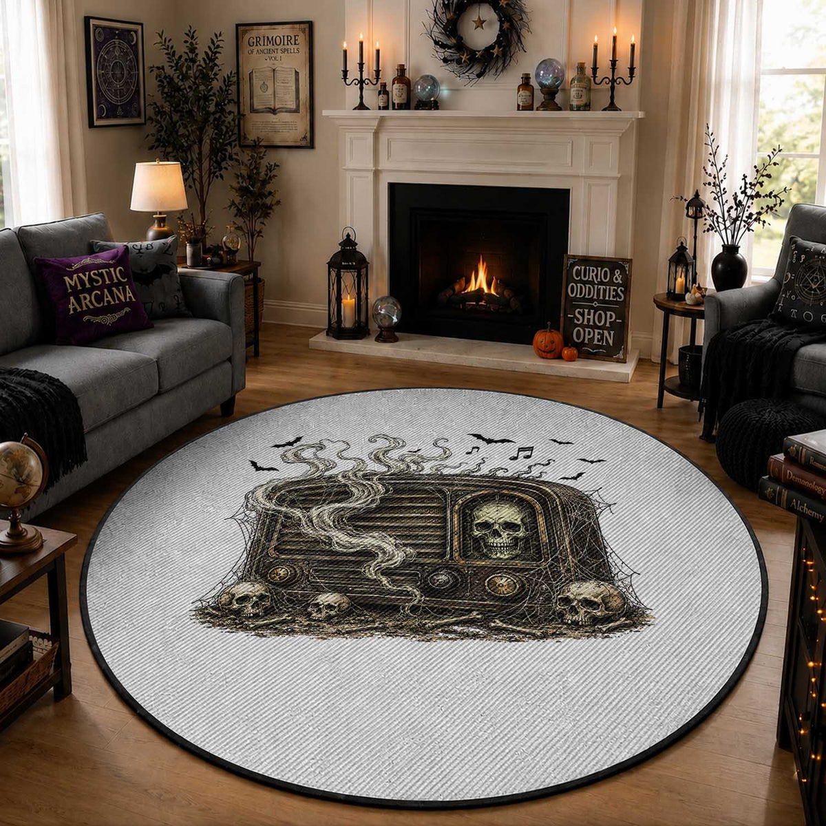 Haunted Radio Halloween Skull Ghost Round Rug Spooky Music Distressed Gothic Gift