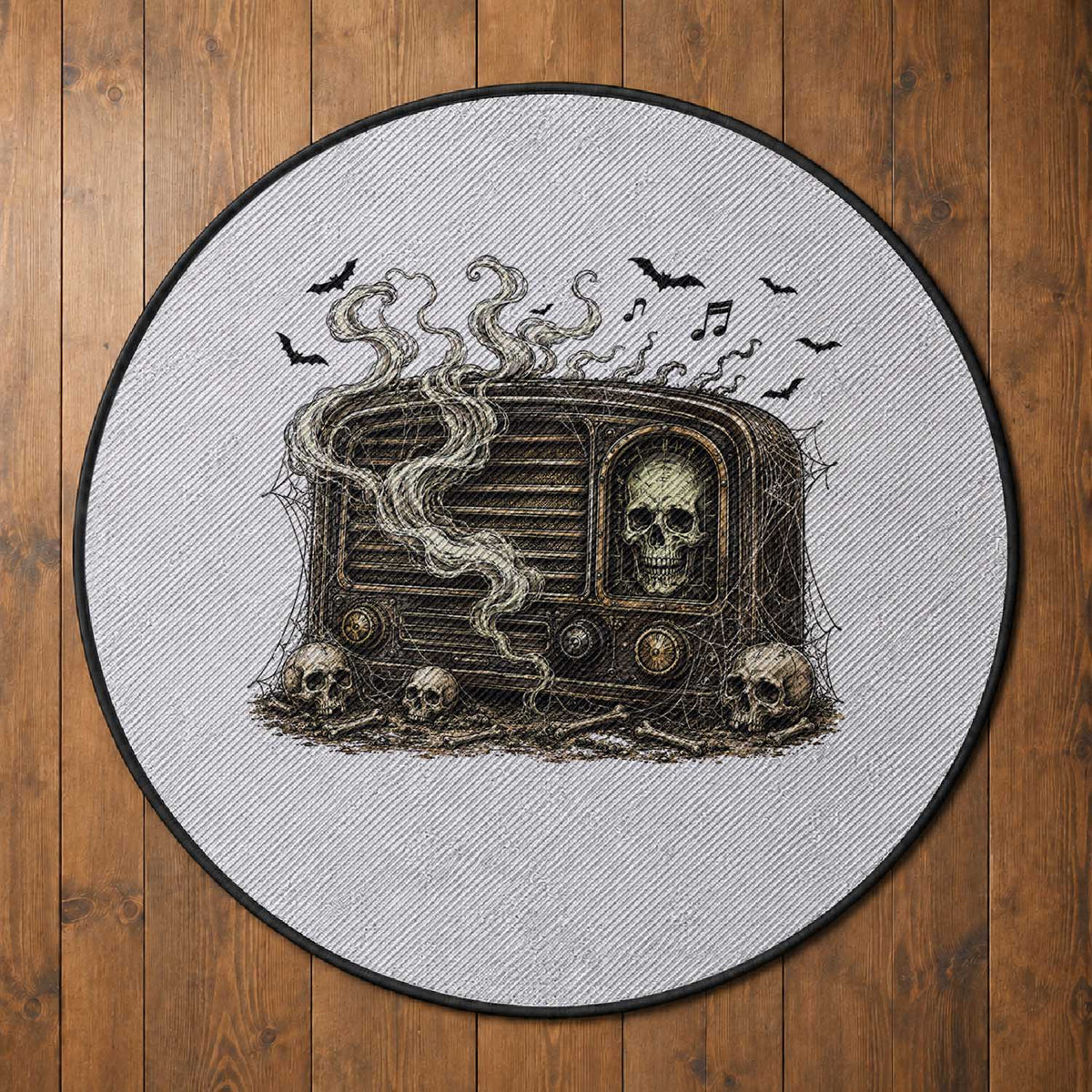Haunted Radio Halloween Skull Ghost Round Rug Spooky Music Distressed Gothic Gift
