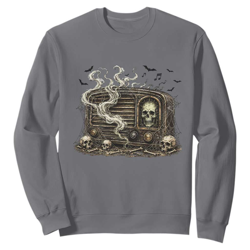 Haunted Radio Halloween Skull Ghost Sweatshirt Spooky Music Distressed Gothic Gift