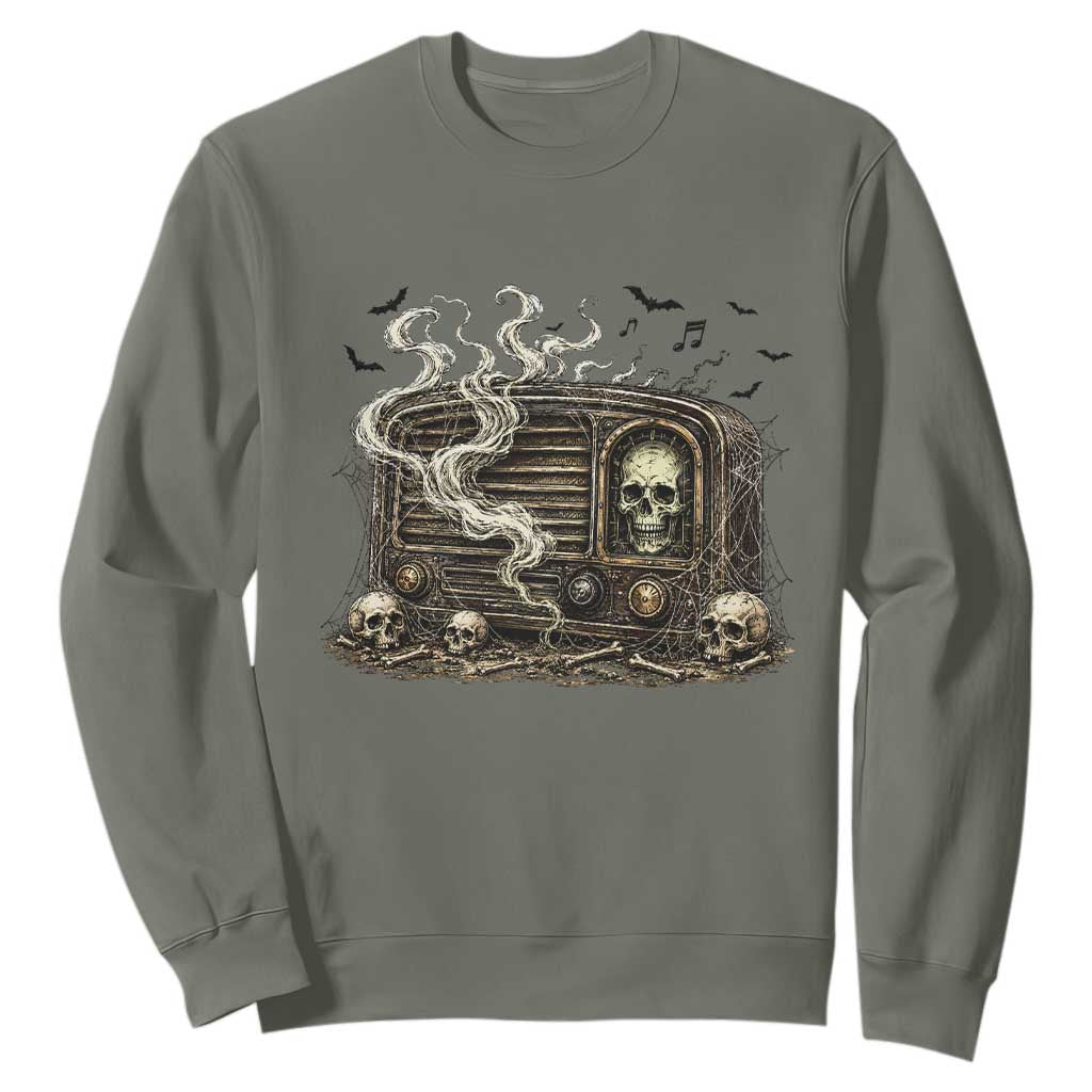 Haunted Radio Halloween Skull Ghost Sweatshirt Spooky Music Distressed Gothic Gift