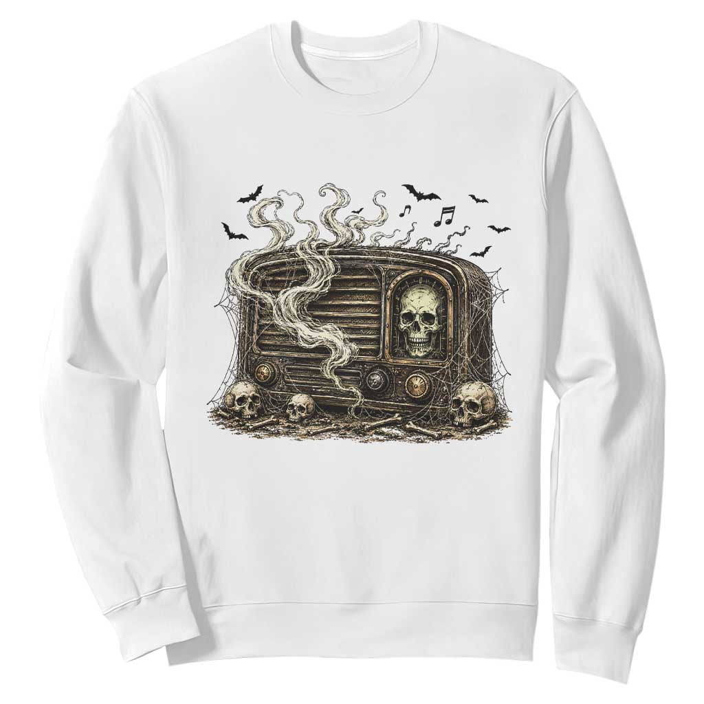 Haunted Radio Halloween Skull Ghost Sweatshirt Spooky Music Distressed Gothic Gift