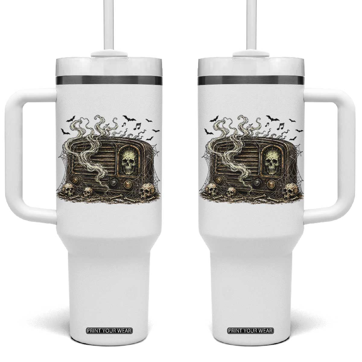 Haunted Radio Halloween Skull Ghost Tumbler With Handle Spooky Music Distressed Gothic Gift