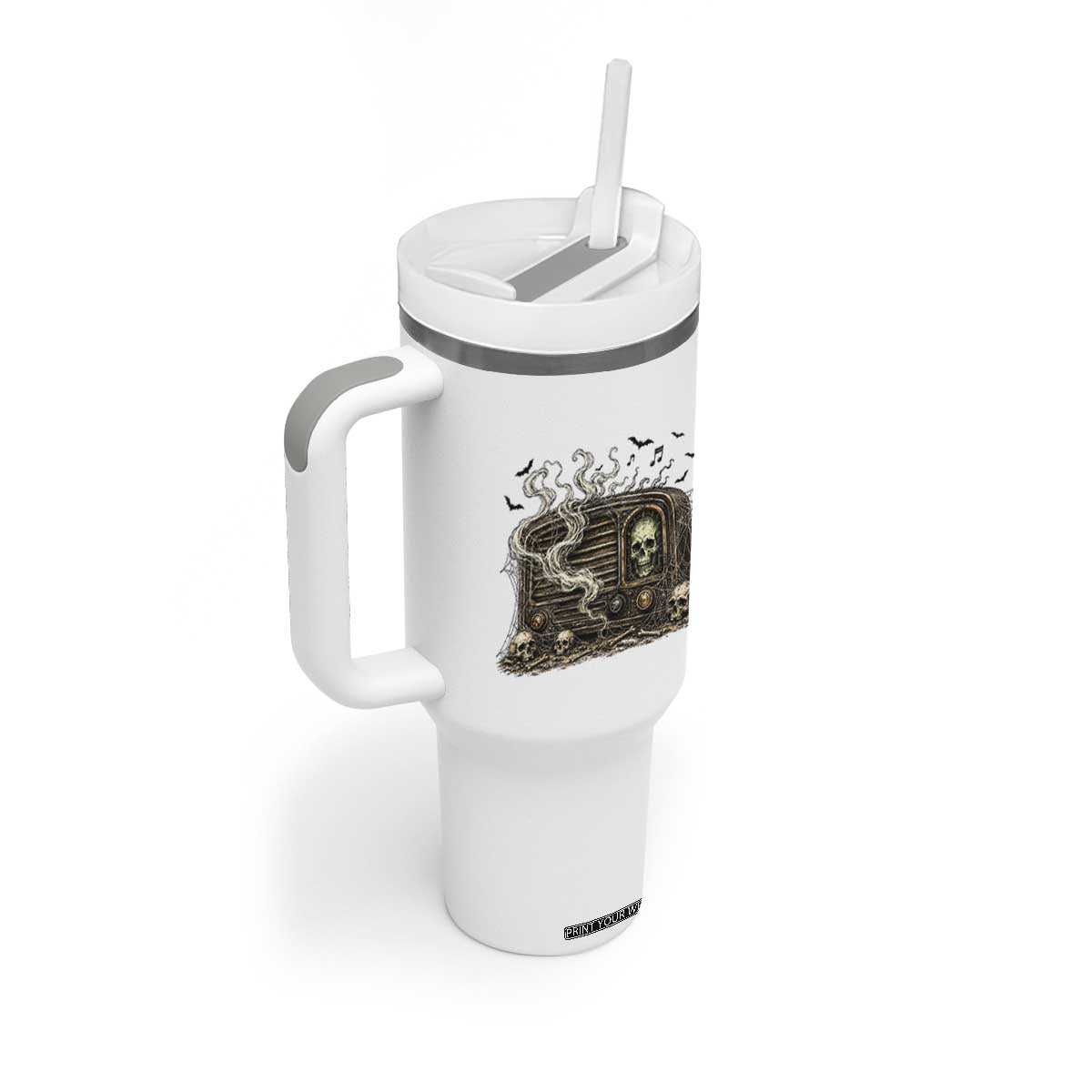 Haunted Radio Halloween Skull Ghost Tumbler With Handle Spooky Music Distressed Gothic Gift