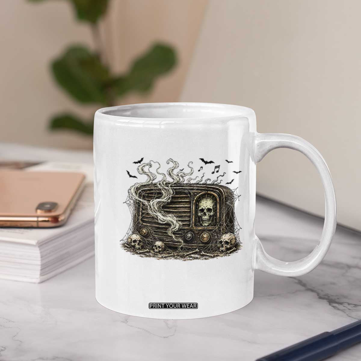 Haunted Radio Halloween Skull Ghost Coffee Mug Spooky Music Distressed Gothic Gift