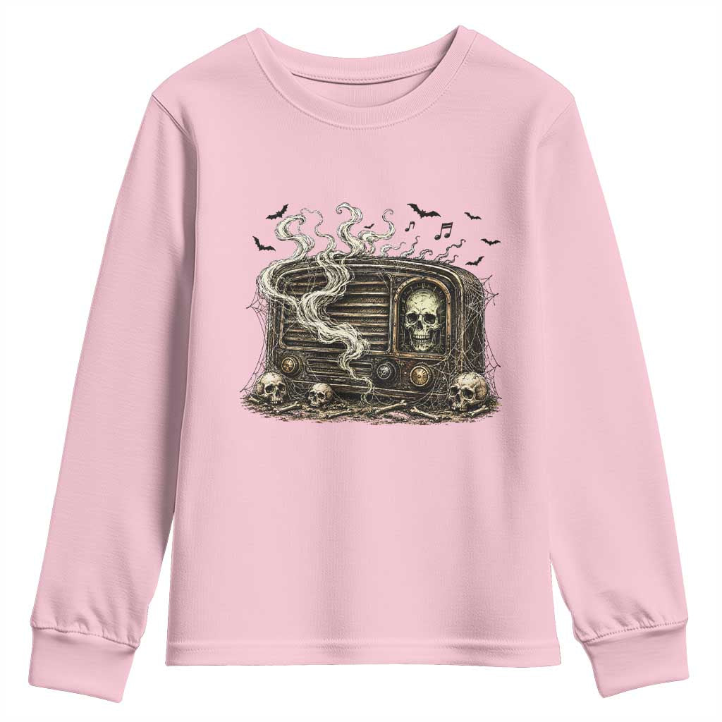 Haunted Radio Halloween Skull Ghost Youth Sweatshirt Spooky Music Distressed Gothic Gift