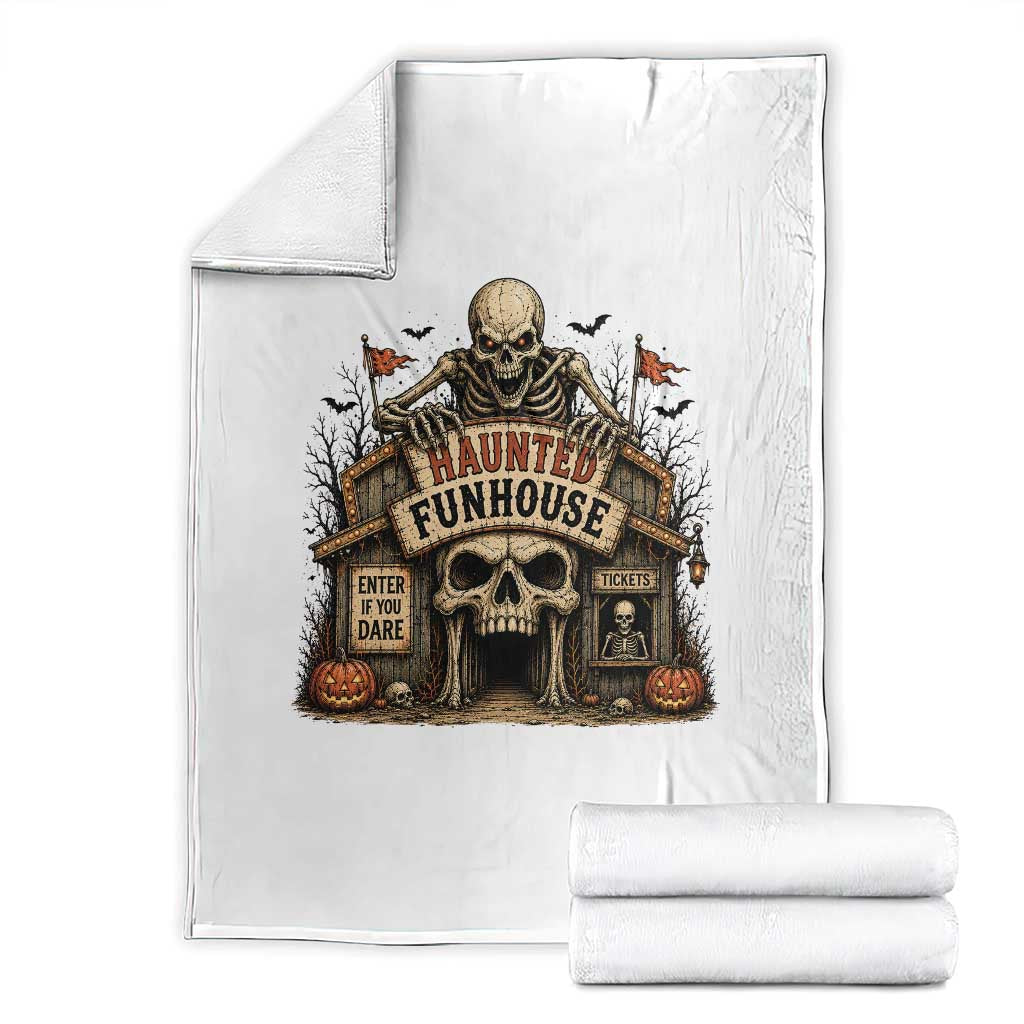 Haunted Funhouse Skeleton Halloween Throw Blanket Enter If You Dare Spooky Carnival Gift