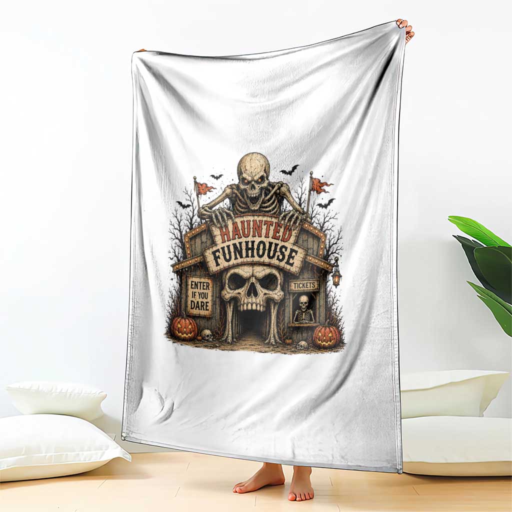 Haunted Funhouse Skeleton Halloween Throw Blanket Enter If You Dare Spooky Carnival Gift