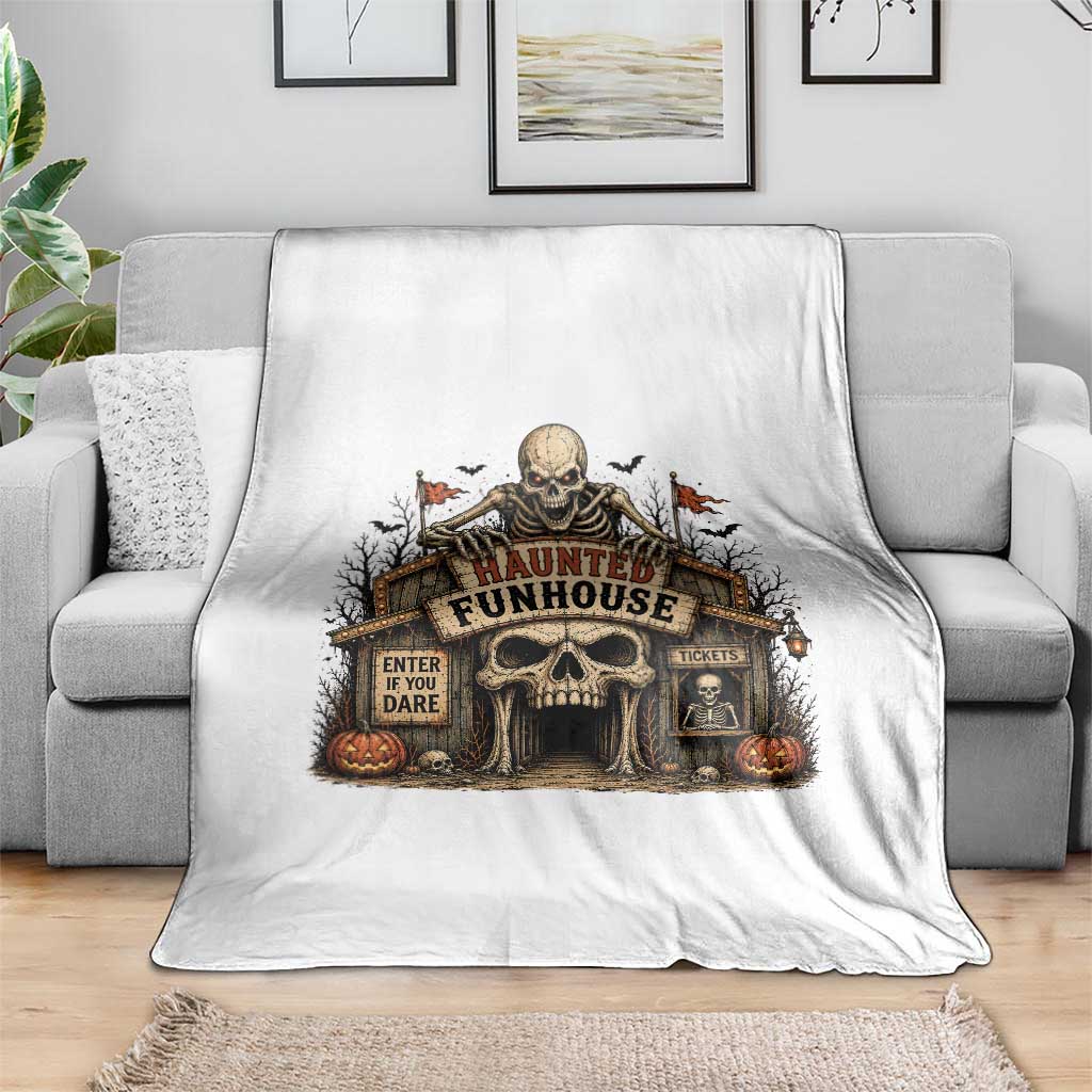 Haunted Funhouse Skeleton Halloween Throw Blanket Enter If You Dare Spooky Carnival Gift