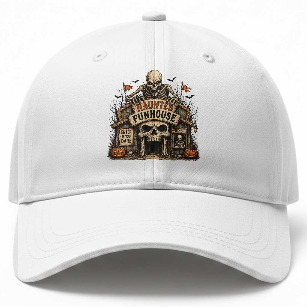 Haunted Funhouse Skeleton Halloween Baseball Cap Enter If You Dare Spooky Carnival Gift