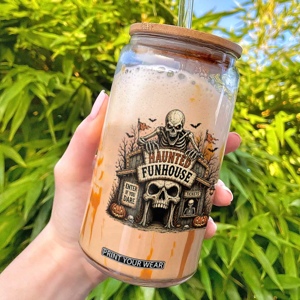 Haunted Funhouse Skeleton Halloween Glass Can Enter If You Dare Spooky Carnival Gift