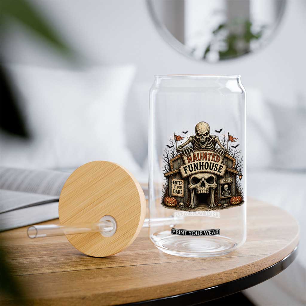 Haunted Funhouse Skeleton Halloween Glass Can Enter If You Dare Spooky Carnival Gift