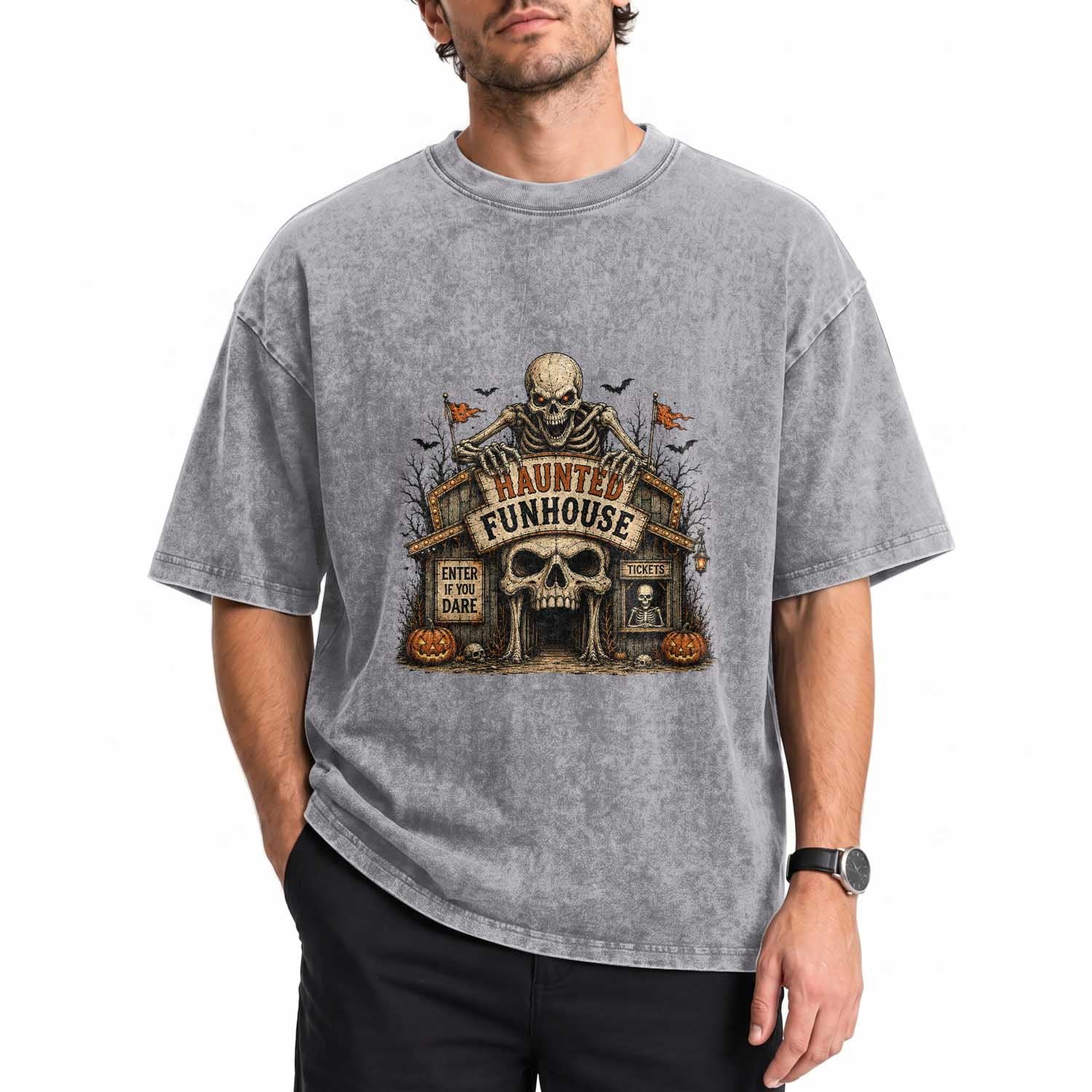 Haunted Funhouse Skeleton Halloween Washed Cotton T-Shirt Enter If You Dare Spooky Carnival Gift