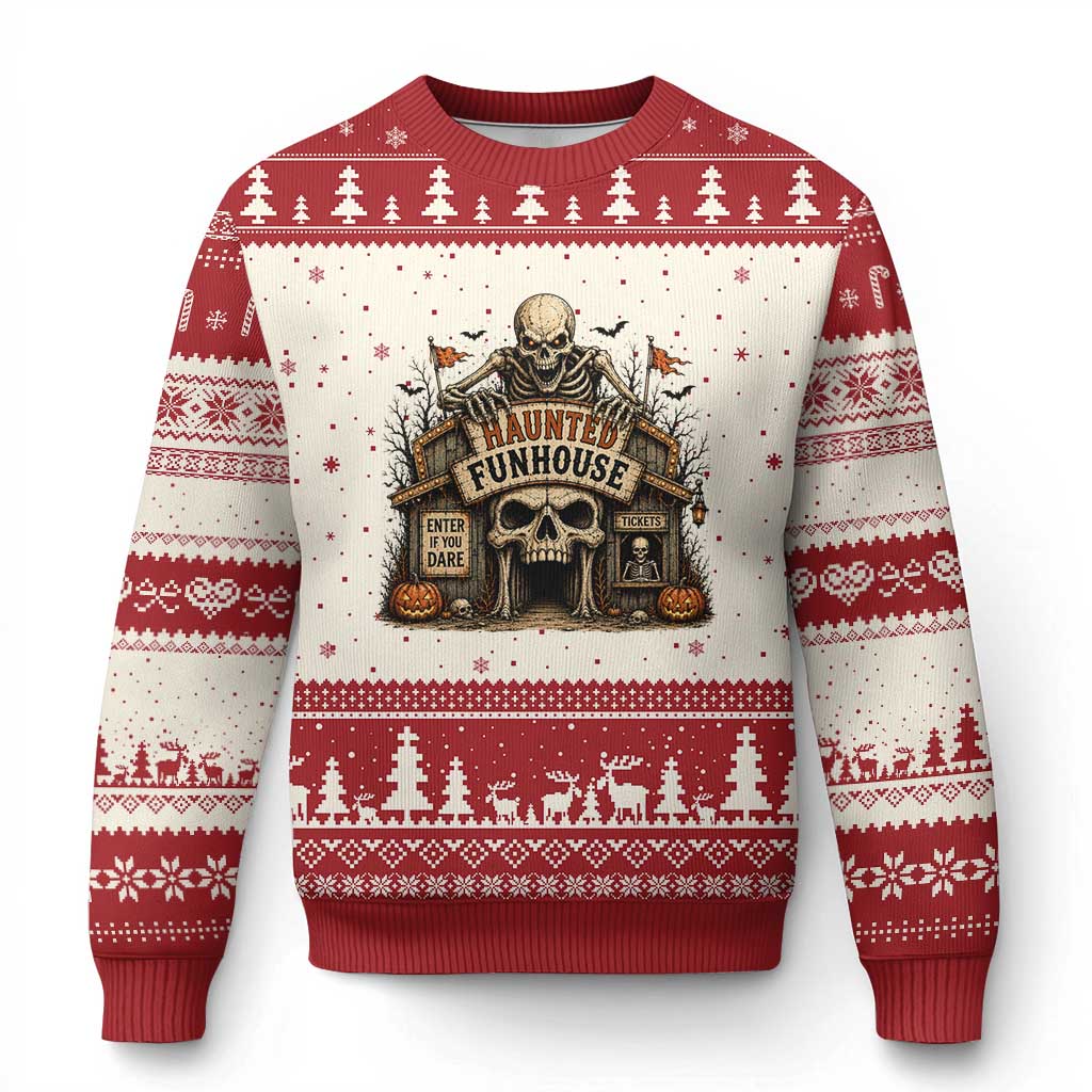 Haunted Funhouse Skeleton Halloween Ugly Christmas Sweater Enter If You Dare Spooky Carnival Gift