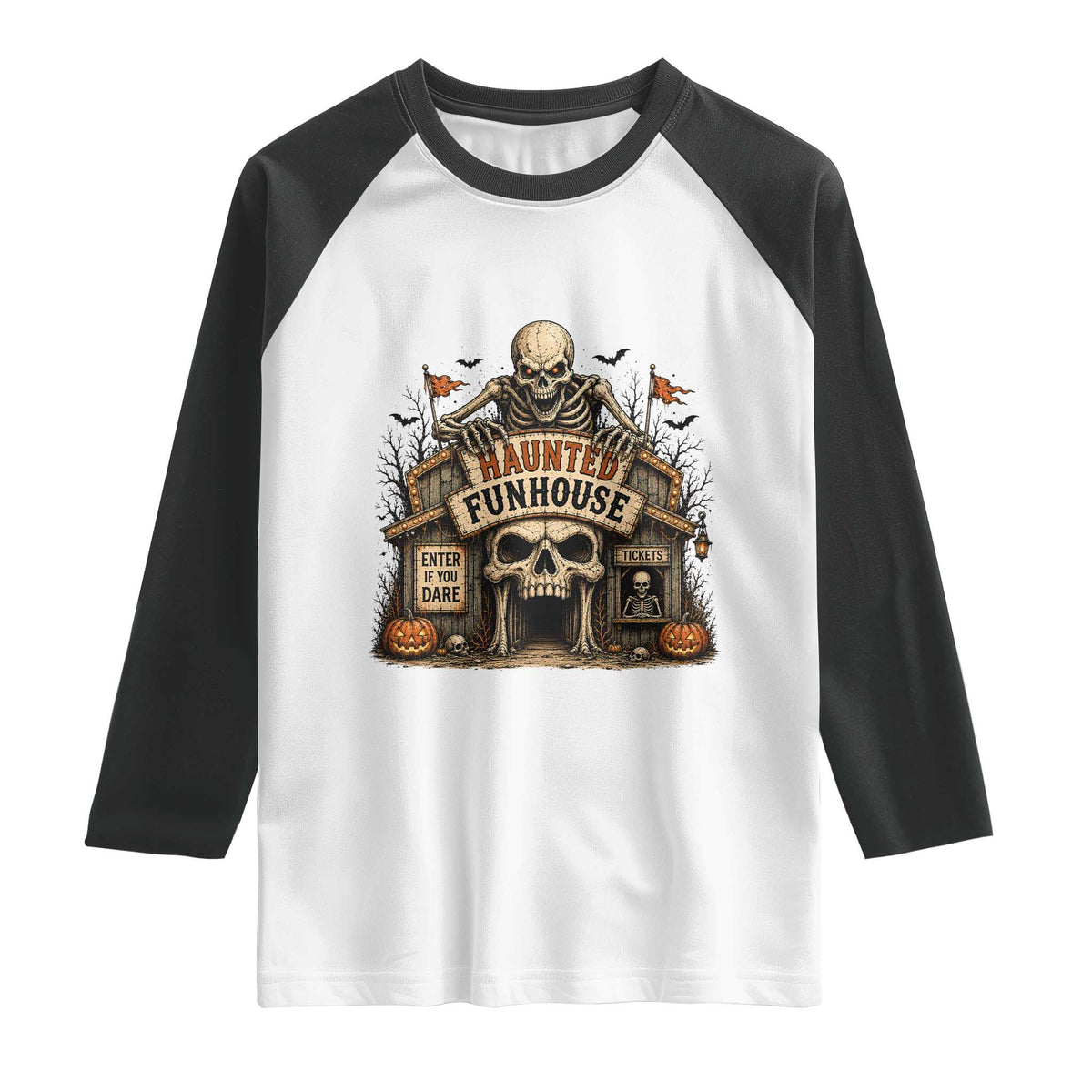 Haunted Funhouse Skeleton Halloween Raglan Shirt Enter If You Dare Spooky Carnival Gift