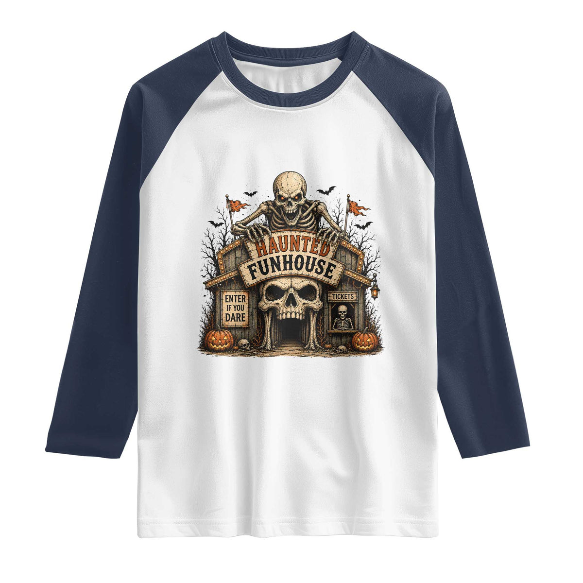 Haunted Funhouse Skeleton Halloween Raglan Shirt Enter If You Dare Spooky Carnival Gift