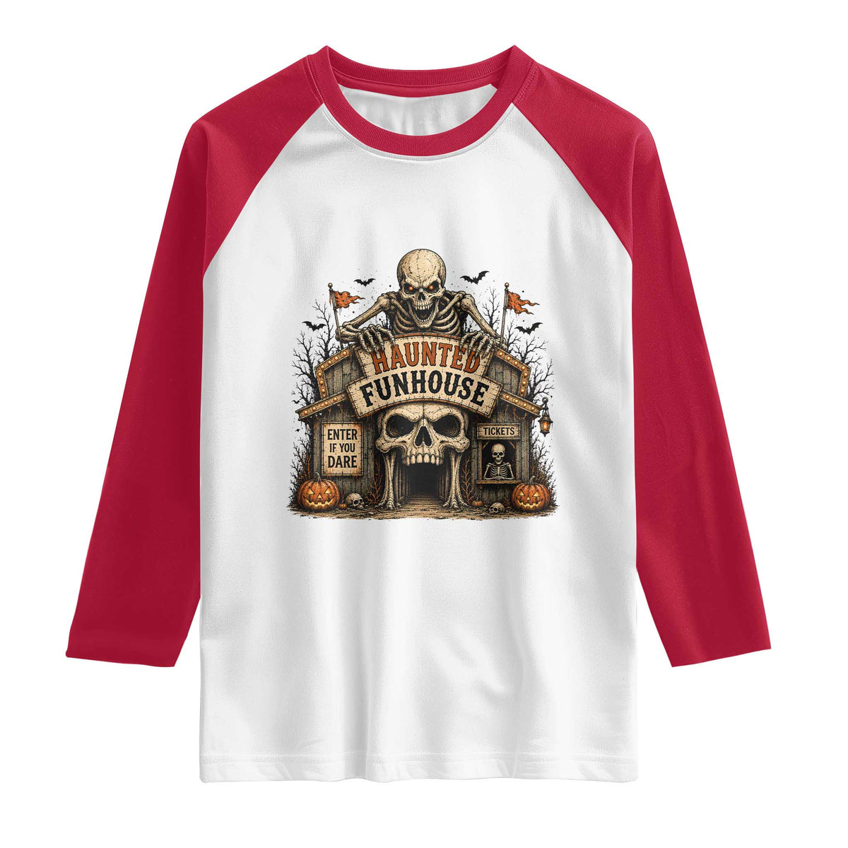 Haunted Funhouse Skeleton Halloween Raglan Shirt Enter If You Dare Spooky Carnival Gift