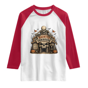 Haunted Funhouse Skeleton Halloween Raglan Shirt Enter If You Dare Spooky Carnival Gift