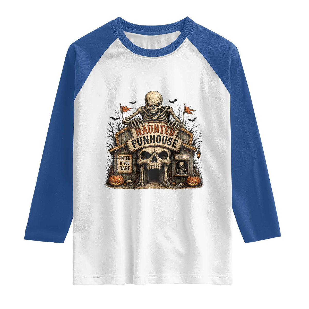 Haunted Funhouse Skeleton Halloween Raglan Shirt Enter If You Dare Spooky Carnival Gift